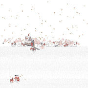 Skurrile Dorfszene mit Rehen, Bäumen, Haus und Blättern über schwachem Text "typografisches Lebkuchenparadies" - perfektes Alexandra Renke Designpapier für charmante Papierprojekte.