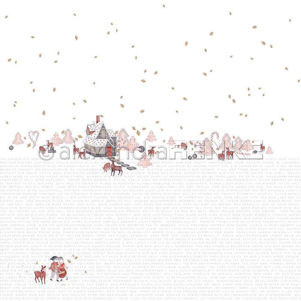 Skurrile Dorfszene mit Rehen, Bäumen, Haus und Blättern über schwachem Text "typografisches Lebkuchenparadies" - perfektes Alexandra Renke Designpapier für charmante Papierprojekte.