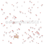 Kleine rote und weiße Pilze auf weißem Hintergrund, mit einem Korb voller Pilze am Boden - ideal für Buchbinderei Papierprojekte. Marke: Alexandra Renke.