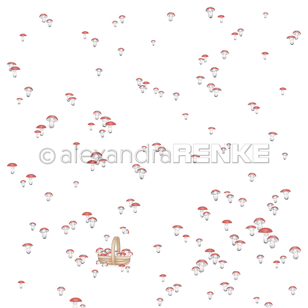 Kleine rote und weiße Pilze auf weißem Hintergrund, mit einem Korb voller Pilze am Boden - ideal für Buchbinderei Papierprojekte. Marke: Alexandra Renke.