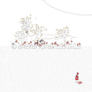 Minimalistische Waldtierszene mit Rehen, Bäumen und einem Kind in Rot unter Lichterketten auf Weiß - perfekt für winterliche Papierprojekte mit Ihrem Lieblingsdesignpapier von Alexandra Renke.