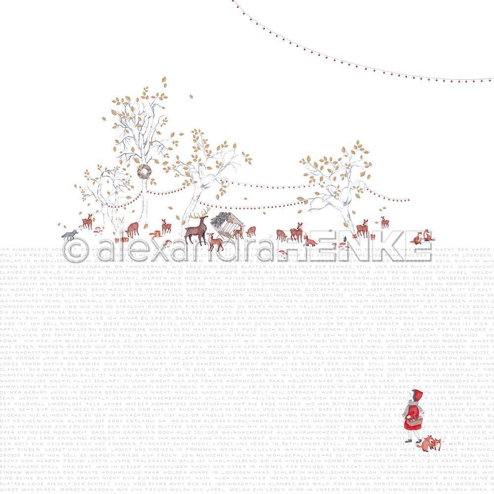 Minimalistische Waldtierszene mit Rehen, Bäumen und einem Kind in Rot unter Lichterketten auf Weiß - perfekt für winterliche Papierprojekte mit Ihrem Lieblingsdesignpapier von Alexandra Renke.