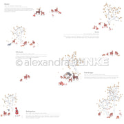 Illustrationen von Rehen, Füchsen und Rotkäppchen mit deutschem Text auf weiß-perfektem Designpapier von Alexandra Renke für Papierprojekte.