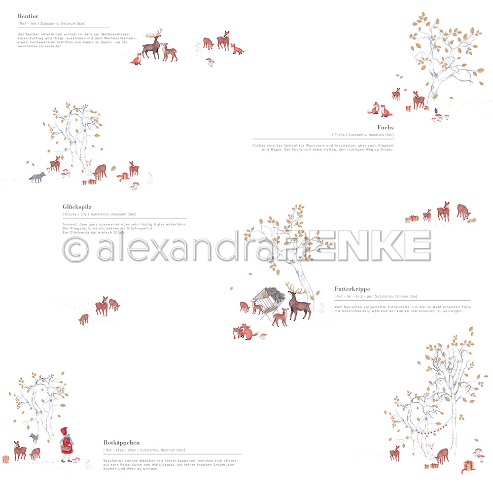 Illustrationen von Rehen, Füchsen und Rotkäppchen mit deutschem Text auf weiß-perfektem Designpapier von Alexandra Renke für Papierprojekte.