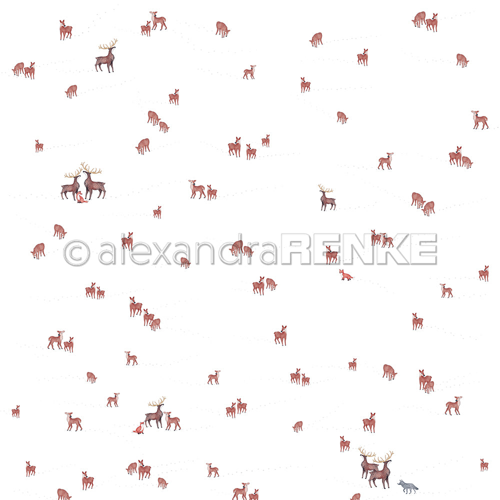 Alexandra Renke Designpapier mit kleinen braunen Hirschen und ein paar Wölfen auf weißem Untergrund - ideal für Papierprojekte oder Buchbinderei.
