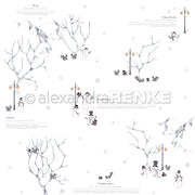 Skurrile Winterszene mit Schneemännern, Eichhörnchen, kahlen Bäumen, Straßenlaternen, verschneiten Bergen & Schneeflocken-perfekt für Designpapier und Papierprojekte von Alexandra Renke.