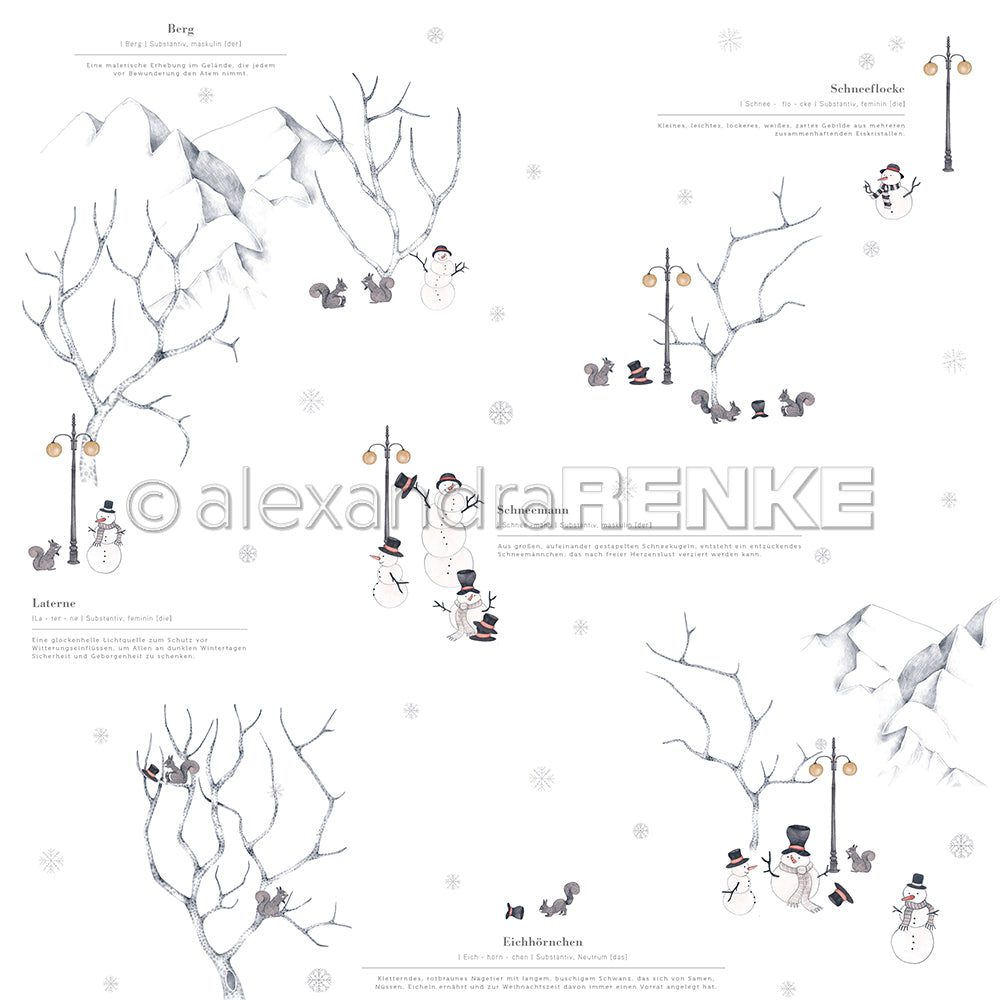 Skurrile Winterszene mit Schneemännern, Eichhörnchen, kahlen Bäumen, Straßenlaternen, verschneiten Bergen & Schneeflocken-perfekt für Designpapier und Papierprojekte von Alexandra Renke.