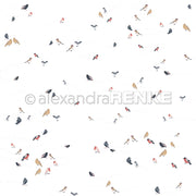 Kleine, bunte Vögel verstreuen sich auf diesem skurrilen Designpapier von Alexandra Renke über einen weißen Hintergrund mit zarten gepunkteten Linien - perfekt für Buchbinderei und Papierprojekte.