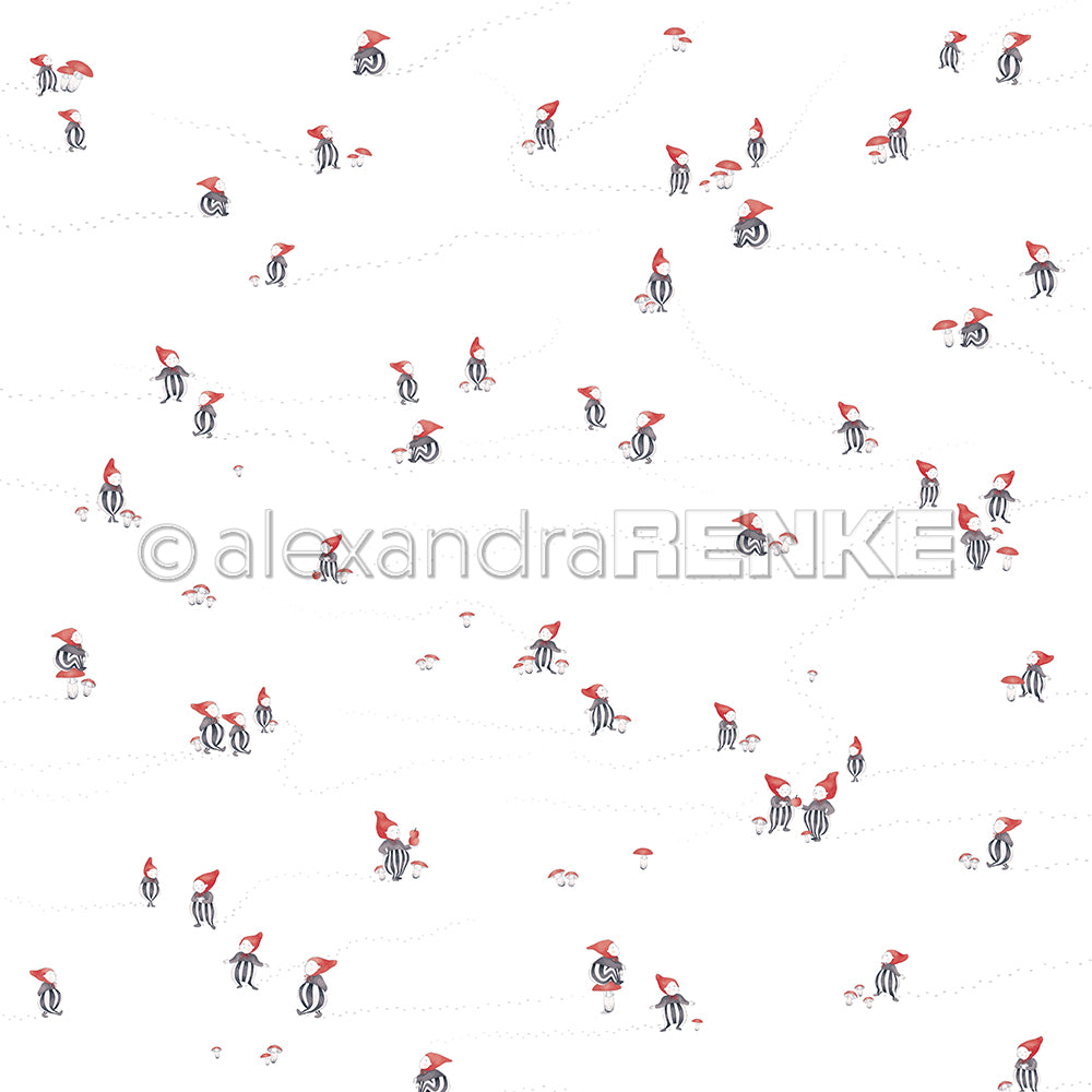 Das Design von Alexandra Renke zeigt kleine Zwerge mit roten Mützen auf weißem Hintergrund - ideal für Papierprojekte, Grußkarten oder Designpapier. Einige Zwerge sind in Gruppen angeordnet, während andere einzeln stehen und Ihren Bastelarbeiten eine besondere Note verleihen.