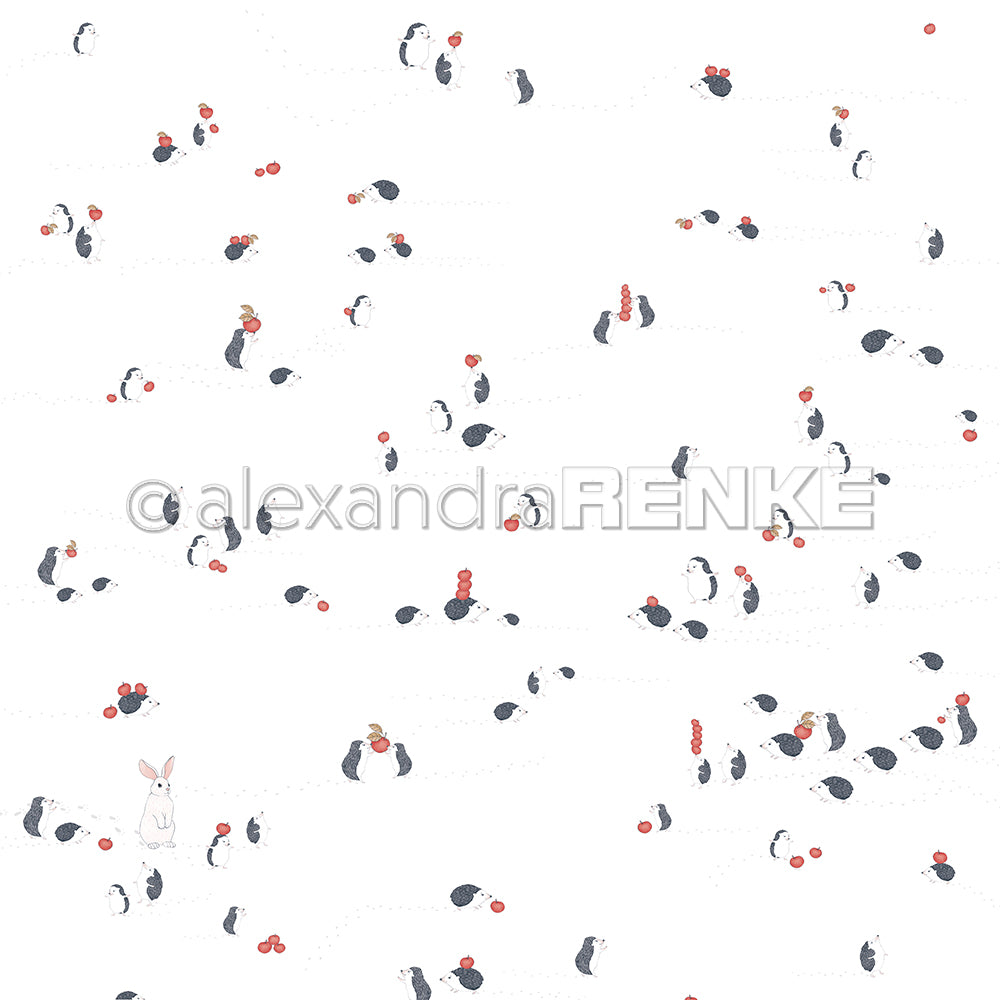 Ein bezauberndes Alexandra Renke Designpapier mit kleinen Pinguinen und roten Beeren auf weißem Hintergrund, mit einem versteckten weißen Hasen - ideal für Papierprojekte oder zum Basteln einzigartiger Grußkarten.