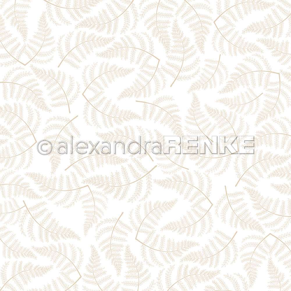 Zarte Farnblätter in cremebeige auf weiß mit einem dezenten Wasserzeichen in der Mitte von Alexandra Renke - ideal für elegantes Designpapier und Papierprojekte.
