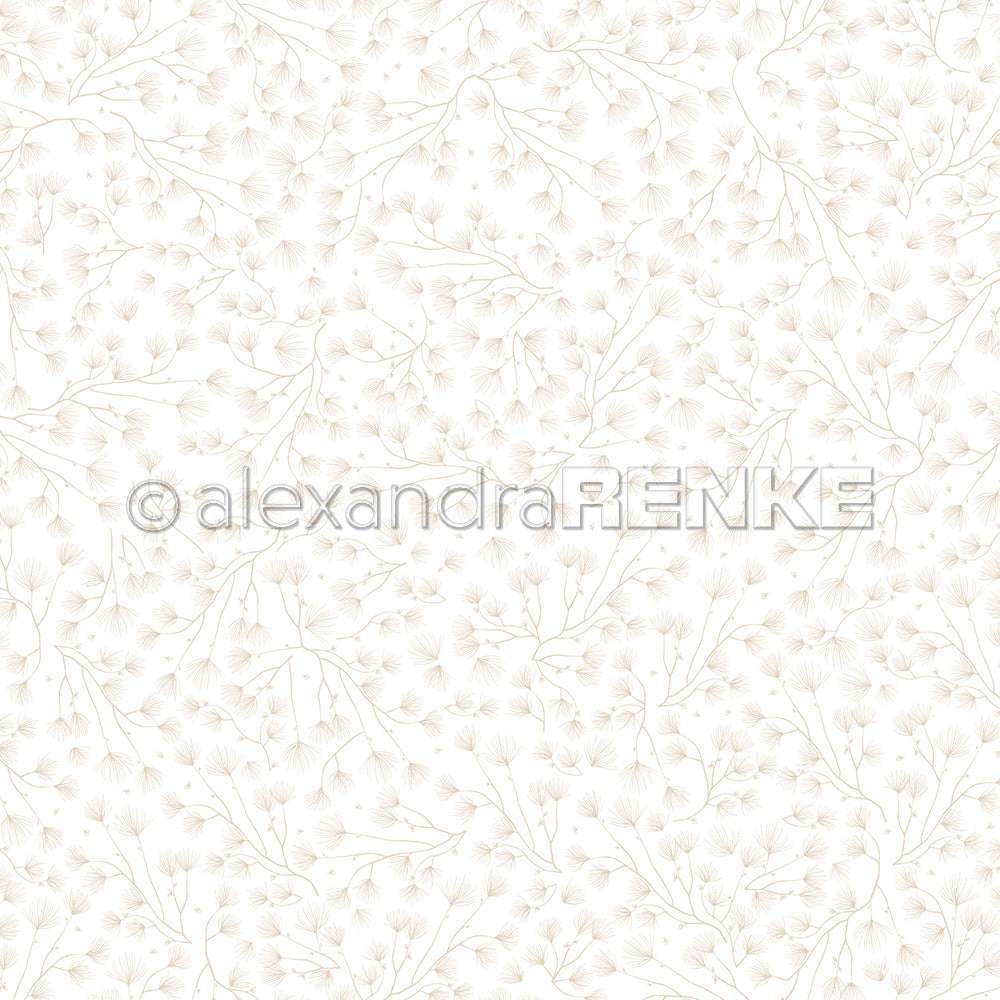 Zarte beigefarbene botanische Zweige und kleine Blätter auf weißem Grund - dieses Designpapier von Alexandra Renke ist ideal für Papierprojekte oder um Ihren Bastelarbeiten eine subtile Vielfalt an Tannenzweigen zu verleihen.
