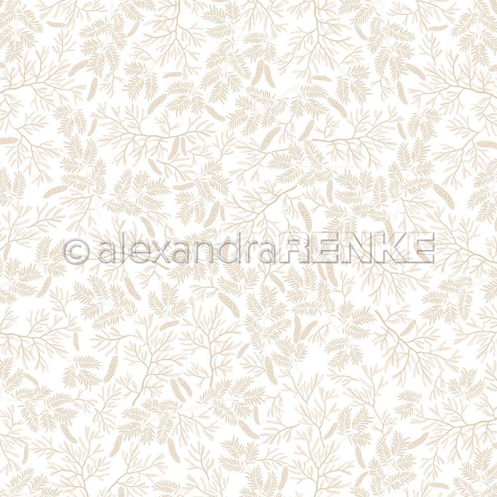 Beigefarbene botanische Zweige und Blätter auf weißem Hintergrund - Alexandra Renke's Designpapier Tannenzweig-Vielfalt Cremebeige verleiht Ihren kreativen Projekten eine natürliche Eleganz, perfekt für Papierprojekte.