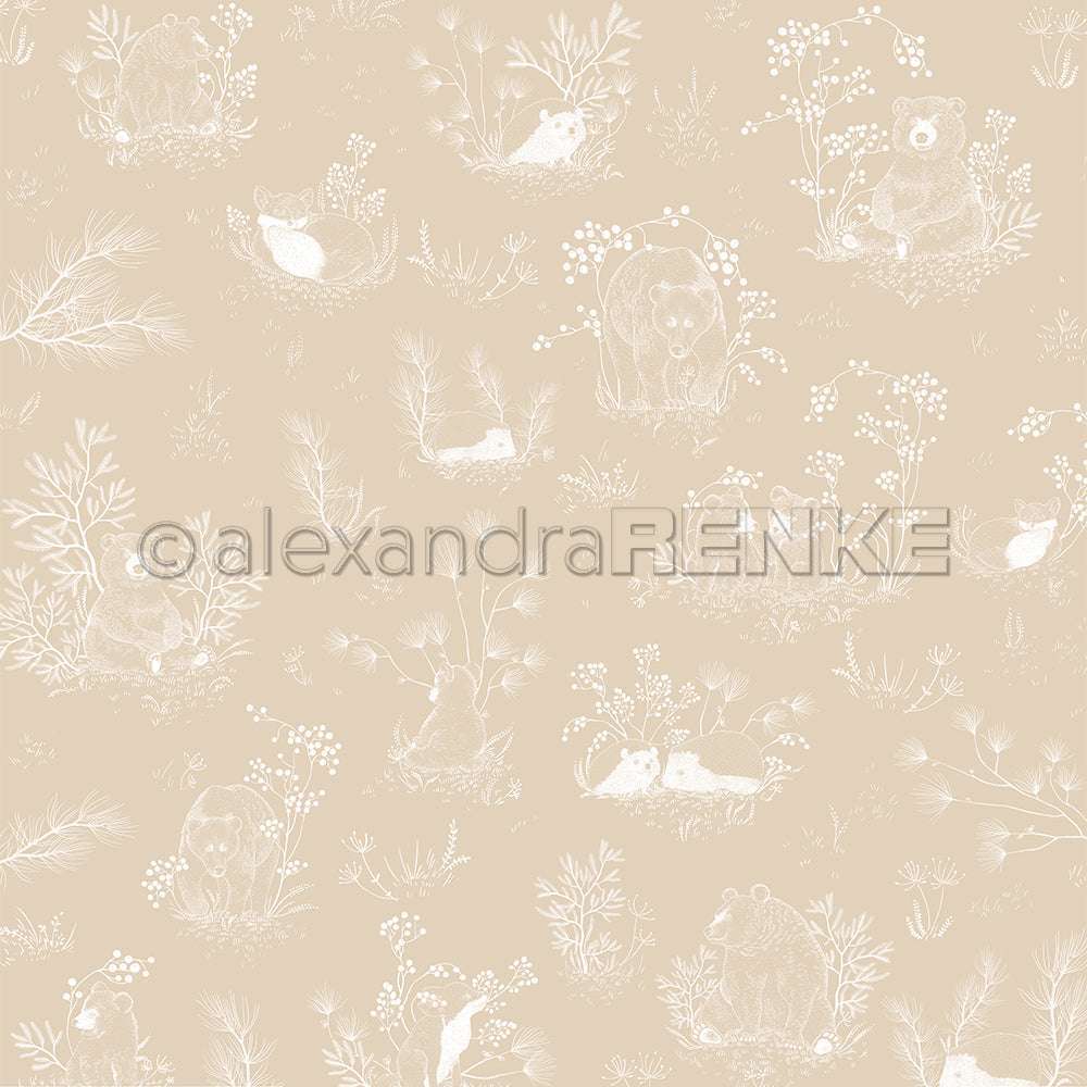 Nahtloses beigefarbenes Muster von Alexandra Renke mit weiß umrandeten Bären, Füchsen und Laub - perfekt für Grußkarten oder kreatives Designpapier bei Ihren nächsten Papierprojekten.