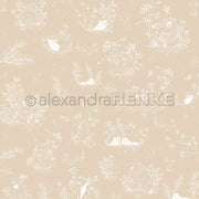 Nahtloses beigefarbenes Muster von Alexandra Renke mit weiß umrandeten Bären, Füchsen und Laub - perfekt für Grußkarten oder kreatives Designpapier bei Ihren nächsten Papierprojekten.