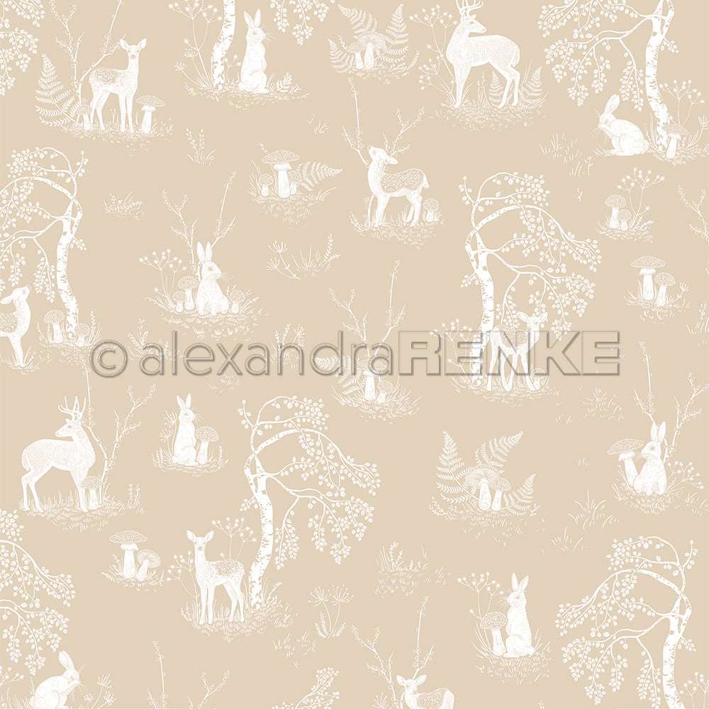 Das Design von Alexandra Renke zeigt ein illustriertes Muster aus weißen Rehen, Kaninchen, Bäumen und Pilzen auf beigem Hintergrund - ideal für Grußkarten oder kreative Papierprojekte.