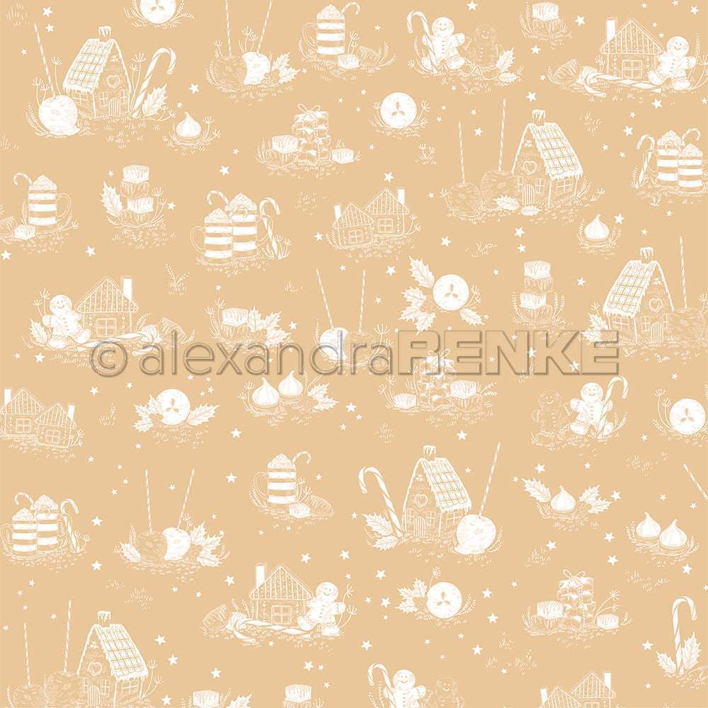 Das nahtlose beige Designpapier von Alexandra Renke zeigt weiße Lebkuchenhäuser, Süßigkeiten, Lebkuchenmänner und weihnachtliche Leckereien - ideal für kreative Papierprojekte und festliche Grußkarten.