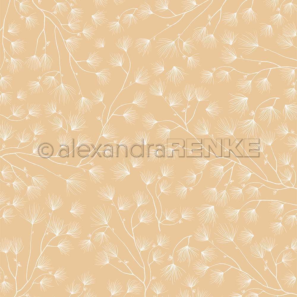 Beigefarbener Hintergrund mit zarten weißen Linien, Tannenzweigen und Nadeln in einem sich wiederholenden Muster - perfektes Alexandra Renke Designpapier für Papierprojekte oder elegante Buchbinderei.