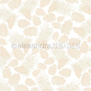 Beigefarbene Tannenzapfen und Tannennadeln bilden ein nahtloses Muster auf Weiß - ein perfektes Designpapier von Alexandra Renke für Papierprojekte, mit authentischer Tannenzapfen-Vielfalt.