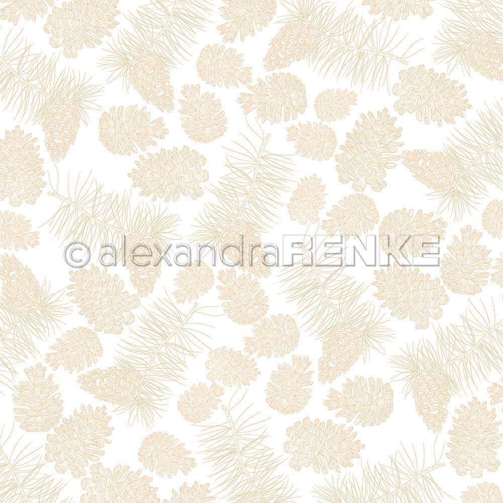 Beigefarbene Tannenzapfen und Tannennadeln bilden ein nahtloses Muster auf Weiß - ein perfektes Designpapier von Alexandra Renke für Papierprojekte, mit authentischer Tannenzapfen-Vielfalt.