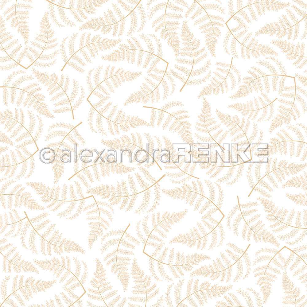 Beigefarbene Farnblätter mit zarten, verschlungenen Linien auf Weiß sorgen für eine leichte, luftige Anmutung - perfektes Alexandra Renke Designpapier Farn-Vielfalt für Buchbinderei oder elegante Papierprojekte.