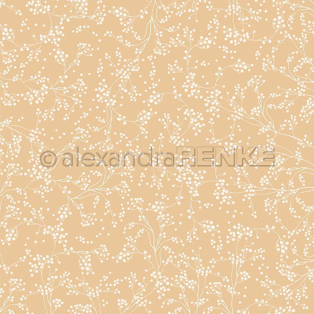 Beigefarbener Hintergrund mit zartem weißem Blumen- und Beerenzweig-Muster - dieses Designpapier von Alexandra Renke verleiht Ihren Papierprojekten einen sanften, eleganten Touch.