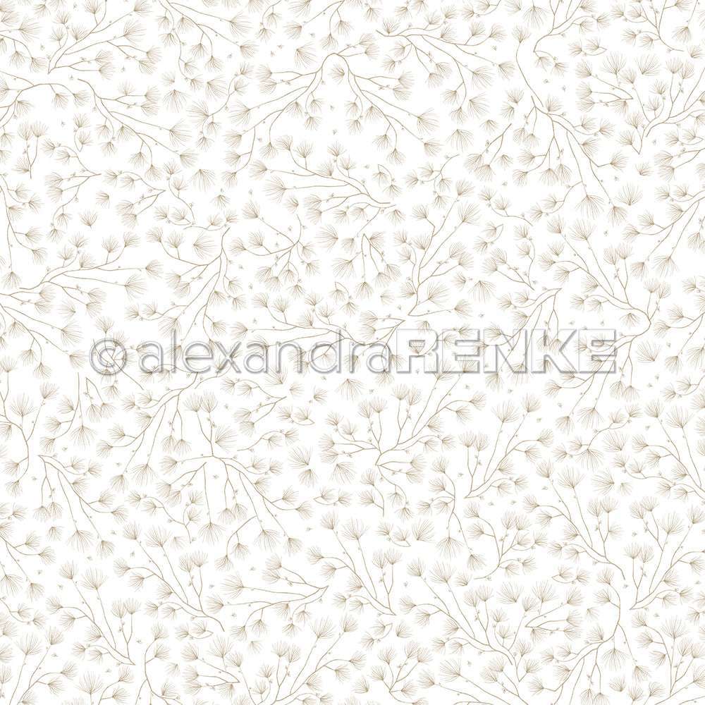 Zarte, hellbraune botanische Zweige mit dünnen Blättern auf weißem Untergrund - Alexandra Renke Kiefernzweig Dunkelbeige Designpapier ist perfekt für elegante Papierprojekte.
