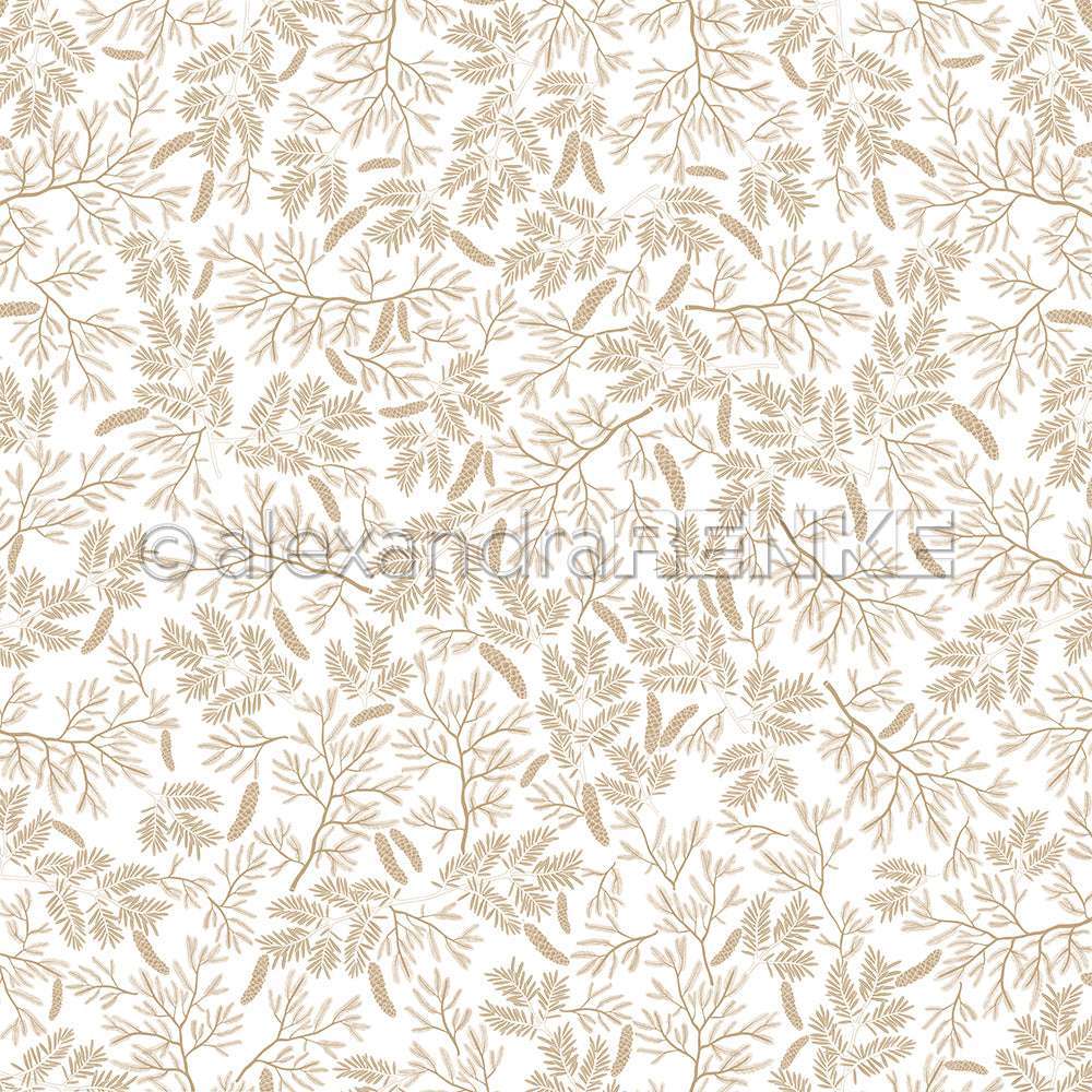 Nahtloses Designpapier-Muster von Alexandra Renke, mit zarten braunen Ästen und Tannenzweig-Vielfalt auf weißem Hintergrund - ideal für kreative Papierprojekte.