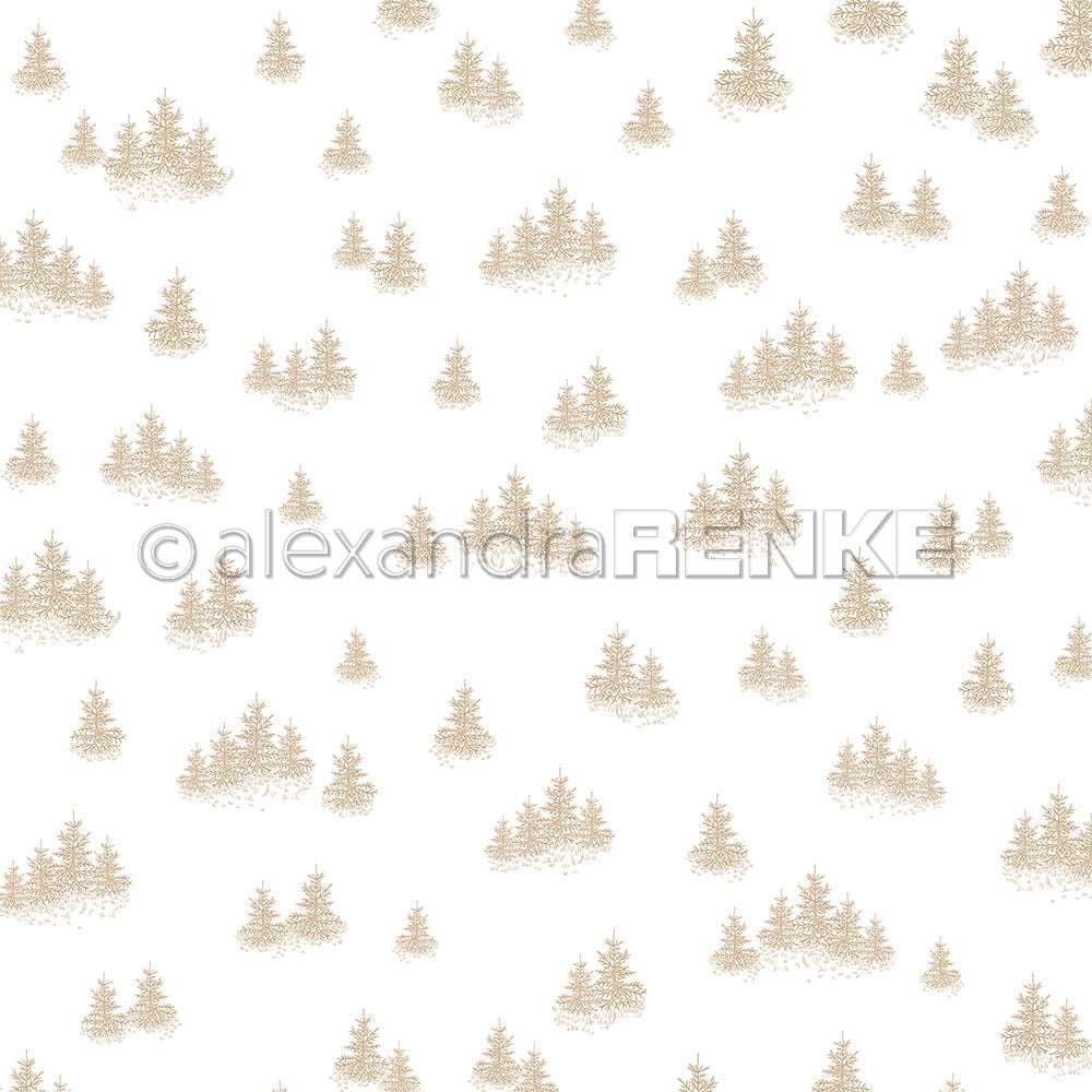 Kleine beigefarbene Tannenzweige auf weißem Hintergrund - dieses Designpapier von Alexandra Renke ist perfekt für Papierprojekte geeignet und versprüht den Charme der Tannenwald-Vielfalt Dunkelbeige.