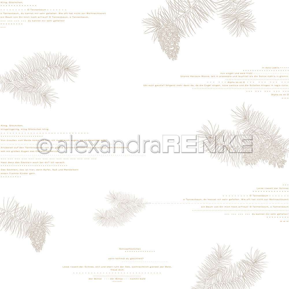 Beigefarbene Line Art Tannenzweige und Zapfen, beschriftet mit Tannenzweig Typo Cremebraun von Alexandra Renke, mit eingestreutem deutschen Text auf weiß-ideal für Papierprojekte oder als einzigartiges Designpapier.