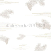 Beigefarbene Line Art Tannenzweige und Zapfen, beschriftet mit Tannenzweig Typo Cremebraun von Alexandra Renke, mit eingestreutem deutschen Text auf weiß-ideal für Papierprojekte oder als einzigartiges Designpapier.