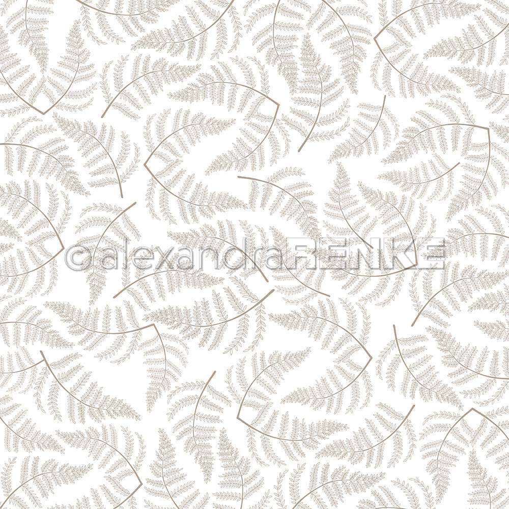 Zarte beigefarbene Farnblätter auf Weiß ergeben ein nahtloses, filigranes Muster - ideal für Papierprojekte oder Buchbinderei. Entdecken Sie die Kreativität von Alexandra Renke Designpapier Farn-Vielfalt in jedem Detail.