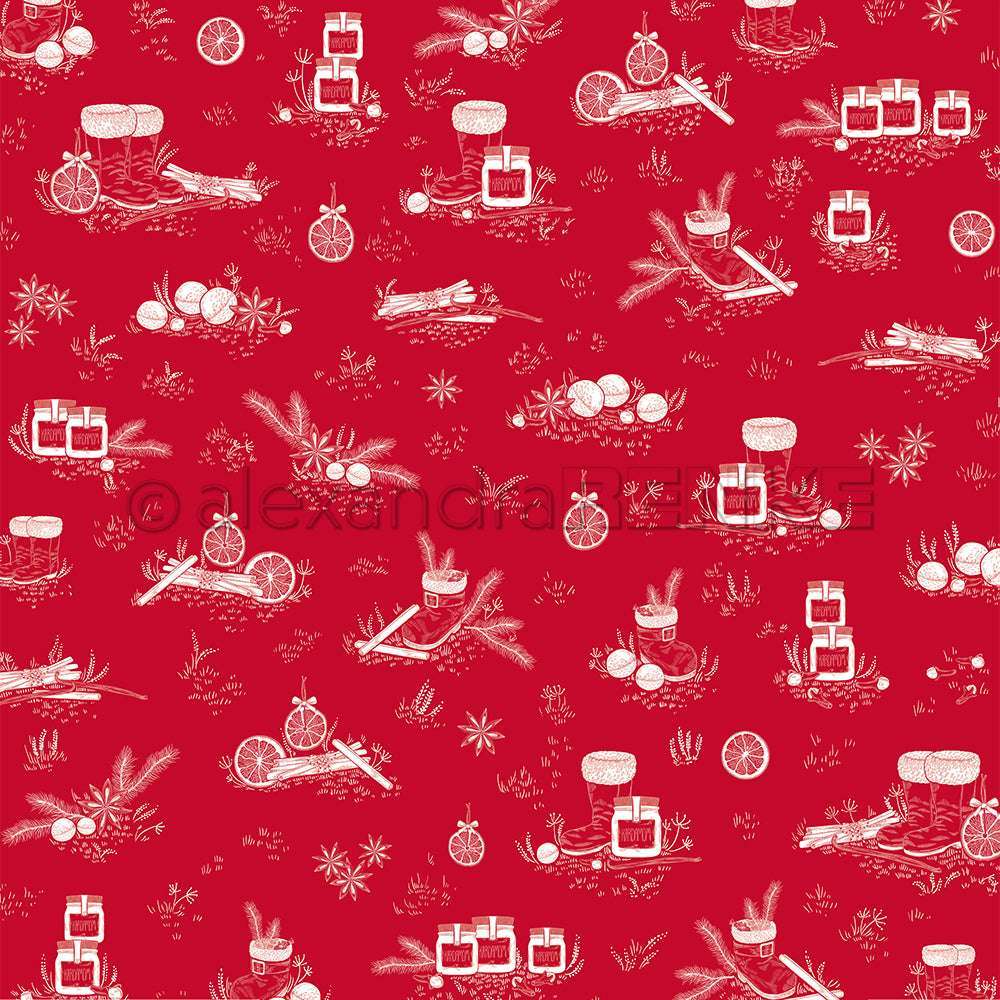 Weiße Skizzen von Marmeladengläsern, Früchten und Karren wiederholen sich nahtlos auf einem Premiumrot-Hintergrund - ideal für charmante Papierprojekte mit Alexandra Renke Designpapier.