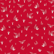Nahtloses Premiumrot-Muster von Alexandra Renke, mit weißen Pilzen und Farnblättern - perfekt für Papierprojekte oder die Gestaltung von elegantem Designpapier.