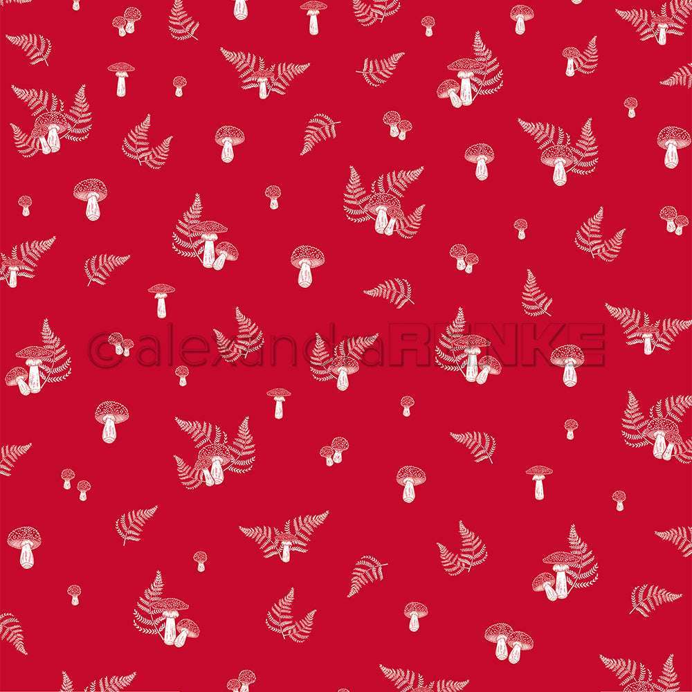 Nahtloses Premiumrot-Muster von Alexandra Renke, mit weißen Pilzen und Farnblättern - perfekt für Papierprojekte oder die Gestaltung von elegantem Designpapier.
