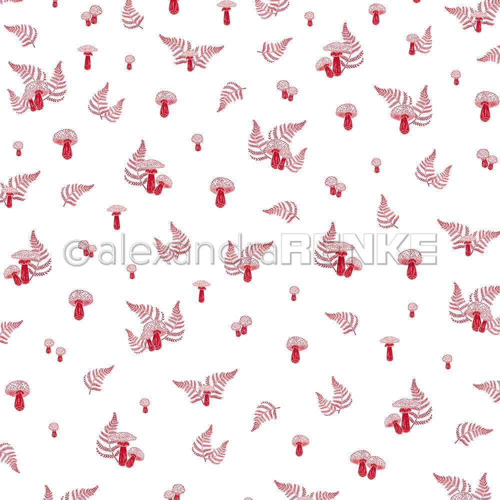 Rote Pilze und Farne auf Weiß in einem nahtlosen Muster von Alexandra Renke - ideales Designpapier für Papierprojekte oder um kreativen Designs ein Pilze-im-Farnwald-Flair zu verleihen.