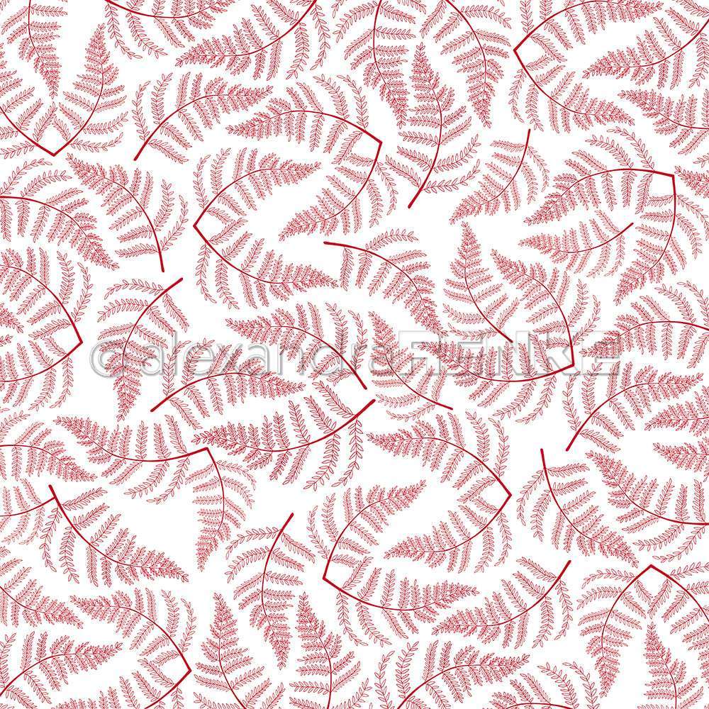 Rote Farnblattmuster in einem satten Premiumrot-Ton sind auf Weiß verstreut und bilden ein nahtloses botanisches Designpapier von Alexandra Renke - perfekt für Papierprojekte.