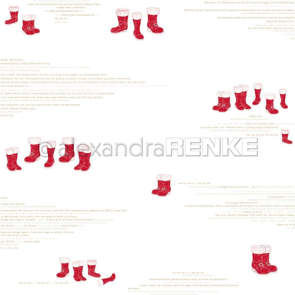 Rote Weihnachtsstiefel mit weißen Spitzen stehen auf weißem Hintergrund mit hellbraunem Text - Papierprojekte Designpapier Winterstiefel in Premiumrot von Alexandra Renke.