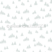 Hellgraue Tannenzweige auf Weiß bilden ein nahtloses Wintermuster - ideal für Papierbasteleien oder Buchbinderei mit dem Designpapier Tannenwald-Vielfalt Jaspisgrün von Alexandra Renke.