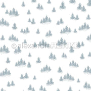 Kleine blaue Tannenbäume auf weißem Hintergrund, perfekt für Papierbasteleien oder als Teil der Kollektion Alexandra Renke Designpapier Tannenwald-Vielfalt Dämmerblau.