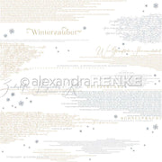 Weißer Hintergrund mit handgeschriebenem deutschen Text, goldenen Schneeflocken und "Winterzauber" - ideal für Papierprojekte oder als Designpapier Winterzauber in der winterlichen Buchbinderei von Alexandra Renke.