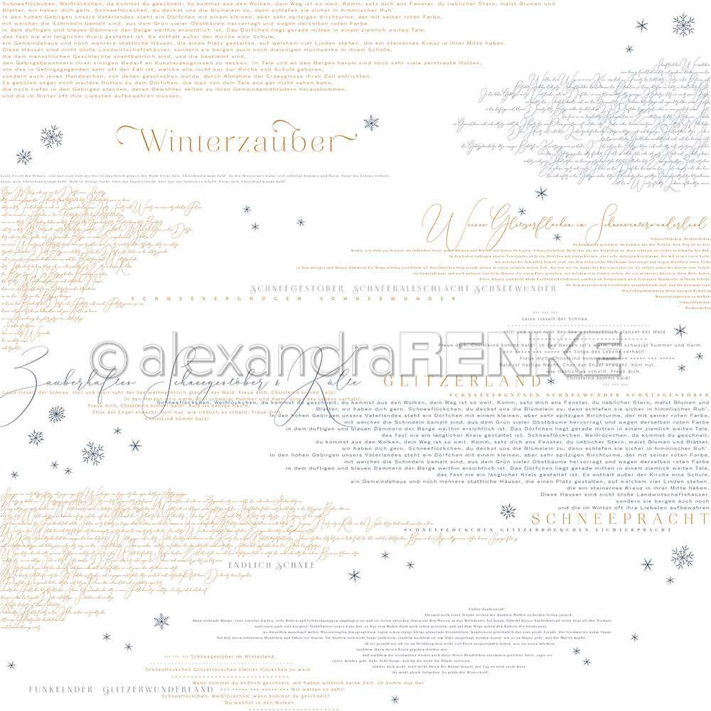 Weißer Hintergrund mit handgeschriebenem deutschen Text, goldenen Schneeflocken und "Winterzauber" - ideal für Papierprojekte oder als Designpapier Winterzauber in der winterlichen Buchbinderei von Alexandra Renke.