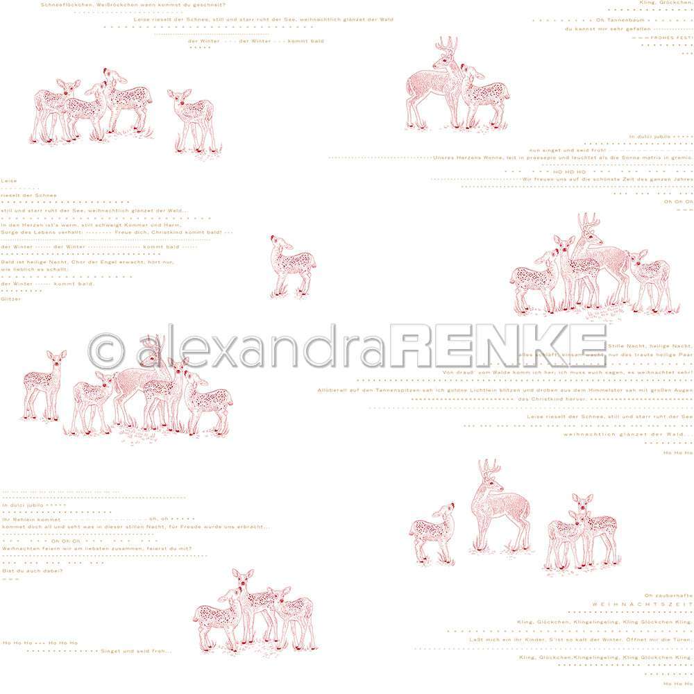 Leichtes Muster aus roten Strichzeichnungen mit Rehfamilie Typo Premiumrot von Alexandra Renke, mit eingestreuten deutschen Texten auf weißem Papier - perfektes Designpapier für kreative Papierprojekte.