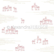 Leichtes Muster aus roten Strichzeichnungen mit Rehfamilie Typo Premiumrot von Alexandra Renke, mit eingestreuten deutschen Texten auf weißem Papier - perfektes Designpapier für kreative Papierprojekte.