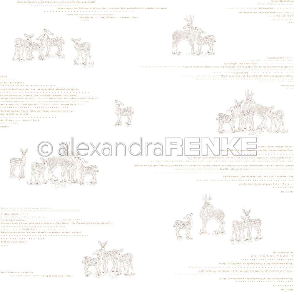 Leichte Skizzen von Hirschgruppen und eingestreute deutsche Texte auf Weiß, mit einem Wasserzeichen von Alexandra Renke. Perfekt für Papierprojekte ist dieses Designpapier mit dem charmanten Motiv Rehfamilie Typo Cremebraun von Alexandra Renke.