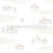 Leichte Skizzen von Hirschgruppen und eingestreute deutsche Texte auf Weiß, mit einem Wasserzeichen von Alexandra Renke. Perfekt für Papierprojekte ist dieses Designpapier mit dem charmanten Motiv Rehfamilie Typo Cremebraun von Alexandra Renke.