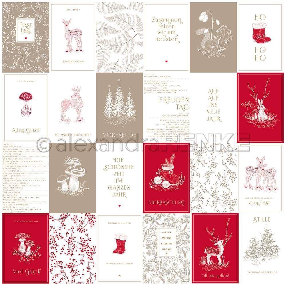 Eine Collage von Weihnachtskarten mit festlichen Illustrationen, deutschem Text und roten, beigen und weißen Tönen, die mit Alexandra Renke Kärtchenbogen Waldtier-Freunde Designpapier für bezaubernde Papierprojekte hergestellt wurden.