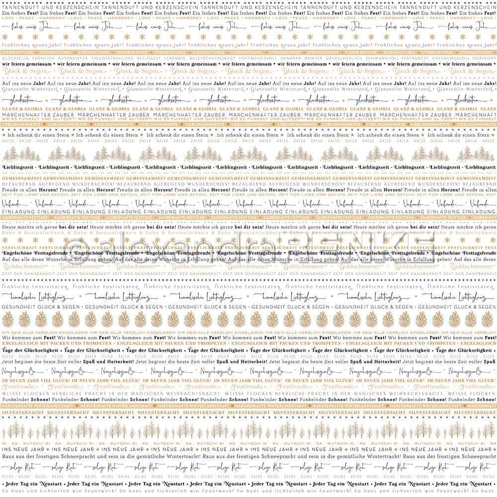 Alexandra Renke Designpapier mit deutschen Weihnachtswünschen, goldenen Sternen und Weihnachtsbaummustern - ideal für Grußkarten oder festliche Papierprojekte.