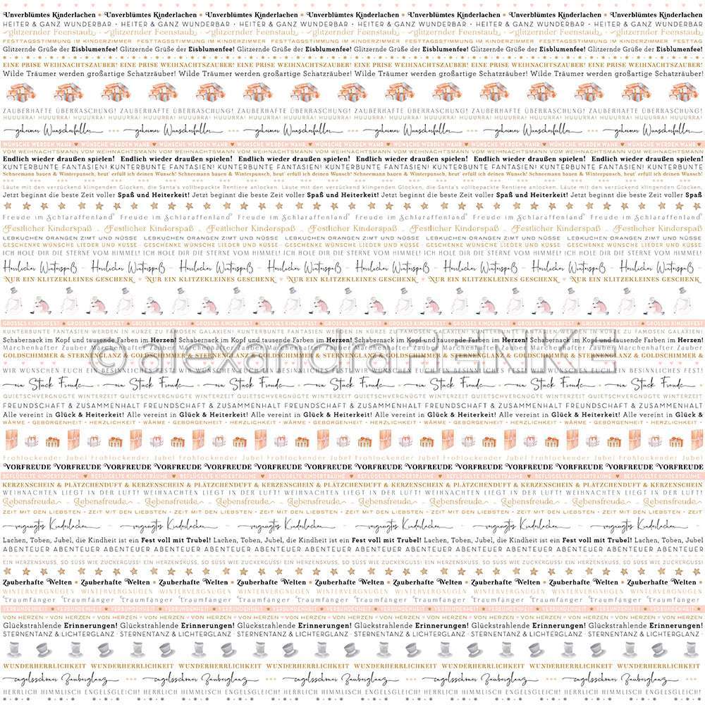 Horizontale Reihen von deutschen Texten, Symbolen und Piktogrammen in Orange und Grau machen dieses Alexandra Renke Designpapier ideal für Papierprojekte oder Wortstreifen Kinder Kreationen.