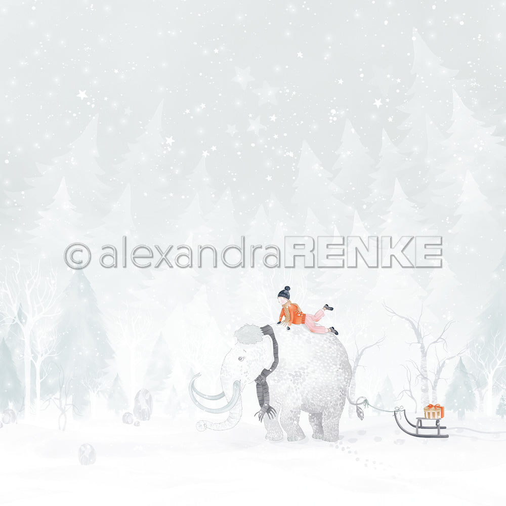 Ein Mädchen und ihr Elefant, inspiriert von Alexandra Renke, wandern mit einem Schlitten voller Geschenke durch einen verschneiten, sternenklaren Wald.